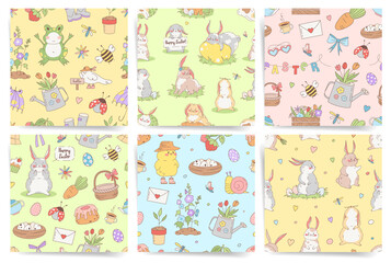 Easter seamless pattern set. Vector design illustrations with easter bunnies, grass, spring elements like bee, flowers, carrots, butterfly, basket, seedling, easter eggs. 