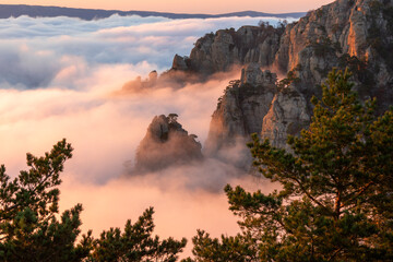 To see "Avatar Mountains" you don't have to travel to Zhangjiajie. This photo is made in Russia on the South Demerji mountain near Alushta. November sunset, low clouds