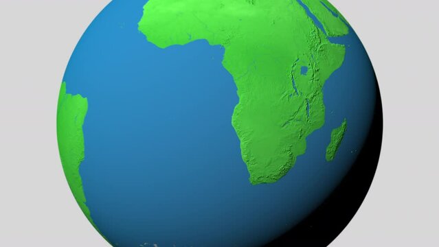 Seamless looping animation of the earth zooming in to the 3d map of Botswana with the capital and the biggest cites in 4K resolution