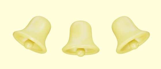 Set of Bells Icon with yellow colors. Realistic 3d object. Isolated on yellow background. Vector illustration.
