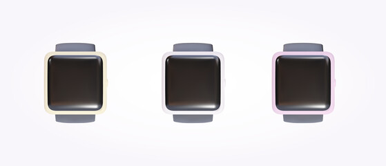 3D set of smart watches in white, pink and yellow on a pinkish background. Vector illustration.