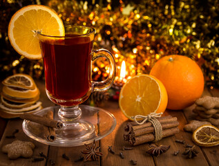 Hot red mulled wine on a New Year's background with Christmas spices, orange slice, anise and cinnamon sticks oranges