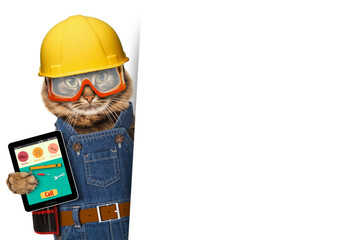 Funny cat is wearing a suit of builder and holding a smartphone. Craftsman on the white background. 
