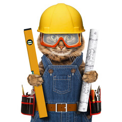 Funny cat is wearing a suit of builder. Craftsman on the white background. Cat holding a builder's...