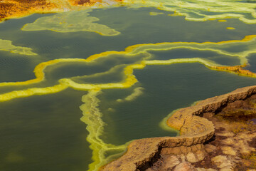 Detail of colorful sulfuric lakes in Dallol volcanic area, Danakil depression, Ethiopia
