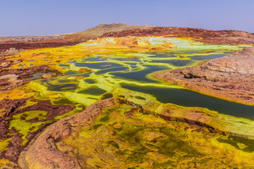 Colorful ponds in the volcanic landscape of Dallol, Danakil depression, Ethiopia