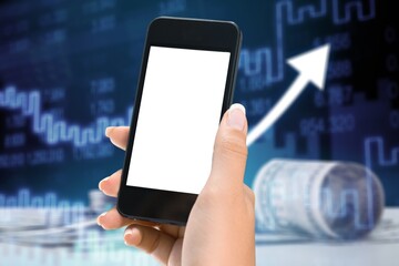 Crypto trader investor broker holding using cell phone app executing financial stock trade market