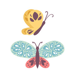 set of blue and yellow butterfly with colorful wings isolated on white background. hand drawing. Pretty flying moth top view. Gorgeous exotic spring insect. Colored flat textured vector illustration