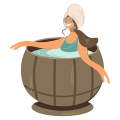 Isolated illustration with woman, girl relaxing in a hot barrel. Home spa. Bath procedures and pleasant rest. Healthy lifestyle. Vector flat style.