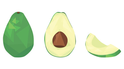 set avocado isolated on white background. a whole avocado, half with a stone and a slice of avocado. Exotic fruits. geometric style. veganism. sweet food. flat vector.