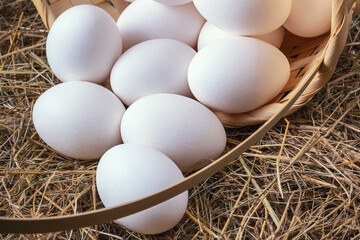 a lot of fresh chicken eggs in a straw basket on a background of hay. Healthy eating concept