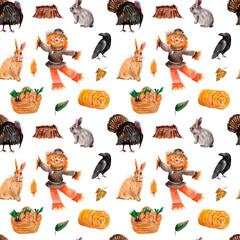 Watercolor seamless pattern with scarecrow, farm animals. Countryside life Thanksgiving scene. For packaging, wrapping paper, posters, fabric print, banner, scrapbooking, stationery, postcards, flyers