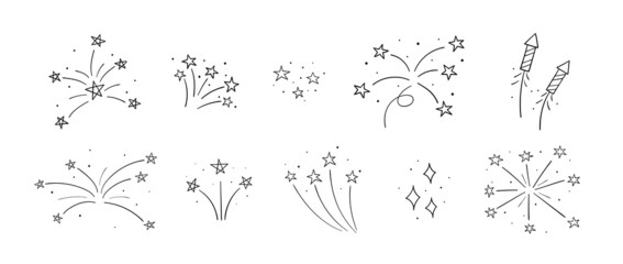 Set of hand drawn different fireworks and stars. Doodle sketch. Linear vector illustration.
