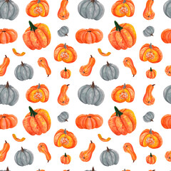 Watercolor seamless pattern with bright orange, grey pumpkins. For seasonal packaging, wrapping paper, poster, fabric print, banner, scrapbook, stationery, postcards, flyers, fall design, farm market