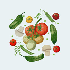 Set of fresh vegetables. Illustration with brush texture. Vector seamless pattern with tomatoes, cucumber, grean peas, mushrooms. Colorful bright design with isolated vegetebles elements