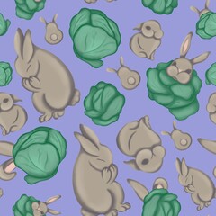 Seamless background. Rabbits with cabbage a blue background. Easter illustration Ideal for children's textiles, wallpaper, printing packaging, fabrics, and other