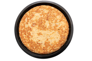 Potato omelette in a plastic container. Isolated on white background. Prepared food concept.