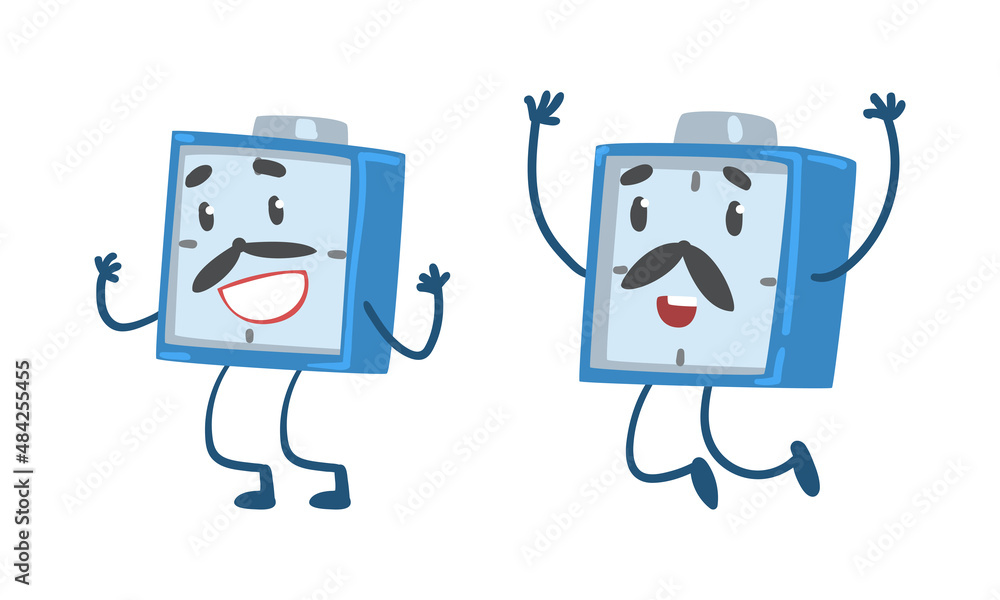Poster red alarm clock character jumping and smiling vector illustration set