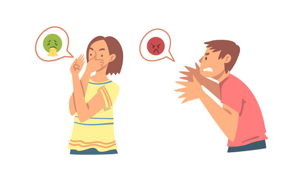 Young Angry Man and Woman Character Expressing Discontent in Social Media with Emoji Vector Illustration Set