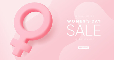 International Women's day banner design. 8 march background with 3d woman sign on pink background.