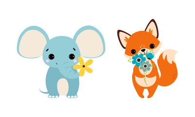 Cute Fox and Elephant Animal Holding Flower on Stalk with Paws and Trunk Vector Illustration Set