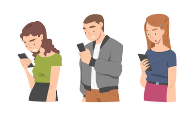 Disappointed with Bad News Man and Woman Character Reading Message on Smartphone Vector Illustration Set