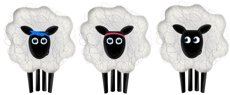 Drei Schafe die dich beobachten, Cartoon Style, mit Haarbändern, niedlich, Kawaii Kunst, Glubschi, 