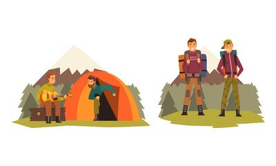 People Character with Backpack in Tent and Walking Engaged in Hiking and Trekking Vector Set