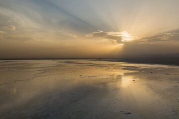 Sunset reflecting on the salt flats in Danakil depression, Ethiopia