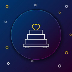 Line Wedding cake with heart icon isolated on blue background. Colorful outline concept. Vector