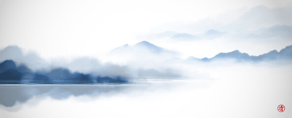 Blue Misty coastal landscape. Traditional oriental ink painting sumi-e, u-sin, go-hua. Hieroglyph - clarity. - 484257088