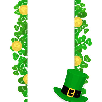St. Patrick's Day vertical background with leprechaun hat, golden coins and clover