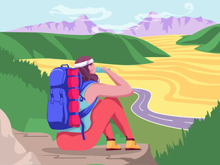Girl climbed on a rock, sitting, drinking water and exploring nature. Outside hobby. Colourful cartoon vector landscape with mountain, plain and road. Back view.