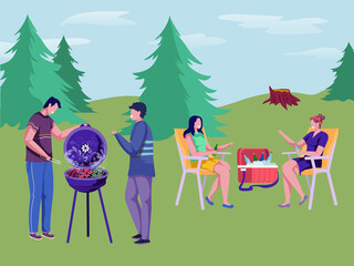 Happy friends having bbq, cooking sausages on grill, talking and laughing. Couples on a picnic with beer and food. Spending time outdoor, holidays, weekends. Vector colourful cartoon illustration.