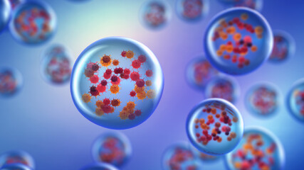 Water (saliva) droplets containing viruses. Viral disease airborne transmission concept.