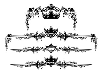 fairy tale royal crown, knight sword and rose flowers black and white vector calligraphic page divider silhouette design set