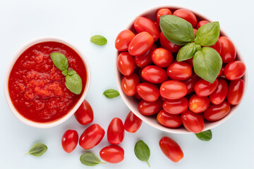 Fresh tomatoes in bowl on pastel table.