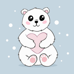 cute cartoon polar baby bear with a pink heart in his hands. isolated drawing on a blue background. poster, postcard, print for clothes