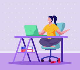 Woman sitting and meditating in lotus position at the workplace. Female worker relaxing at desk near laptop and trying to calm down her emotions. Vector colourful cartoon illustration.