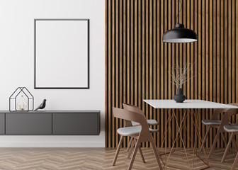 Empty vertical picture frame on white wall in modern dining room. Mock up interior in minimalist, contemporary style. Free space, copy space for your picture. Dining table, chairs, lamp. 3D rendering.