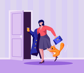 Woman in half-dressed coat holding a cup of coffee and briefcase in hands and running out home. Female worker is late for work, but cat bit her leg. Vector colourful cartoon illustration.