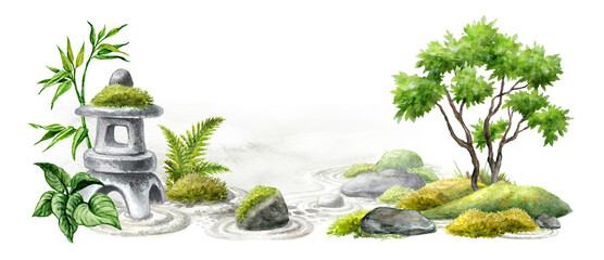 watercolor asian landscape, traditional zen garden. Horizontal nature background - obrazy, fototapety, plakaty