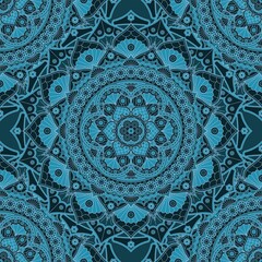 Seamless pattern with floral mandala in dark blue colors. Vector desugn.