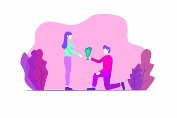 Illustration of a man giving flowers to his girlfriend in a flat style, perfect for your illustration project on Valentine's Day