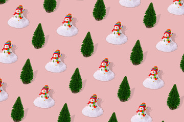 Cute winter pattern made of snowman with snow and pine tree