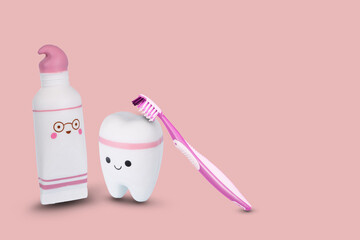 Toothbrush,toothpaste and white tooth on a bright pink background.
