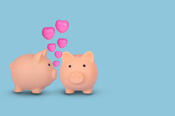 Piggy Bank Couple with pink hearts on a bright blue background.
