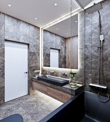 3D interior design of a modern bathroom with marble and wood © podsolnykh