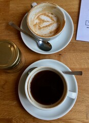 cup of coffee on wooden table