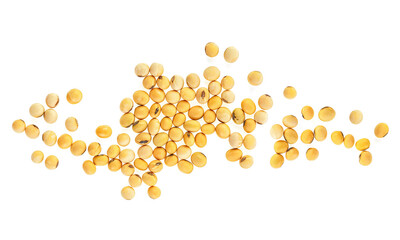 Pile of soybeans isolated on a white background, top view. Group soybean seeds.